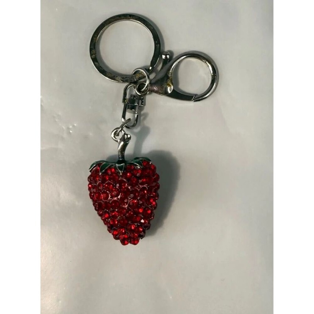 Silver-toned rhinestone strawberry keychain